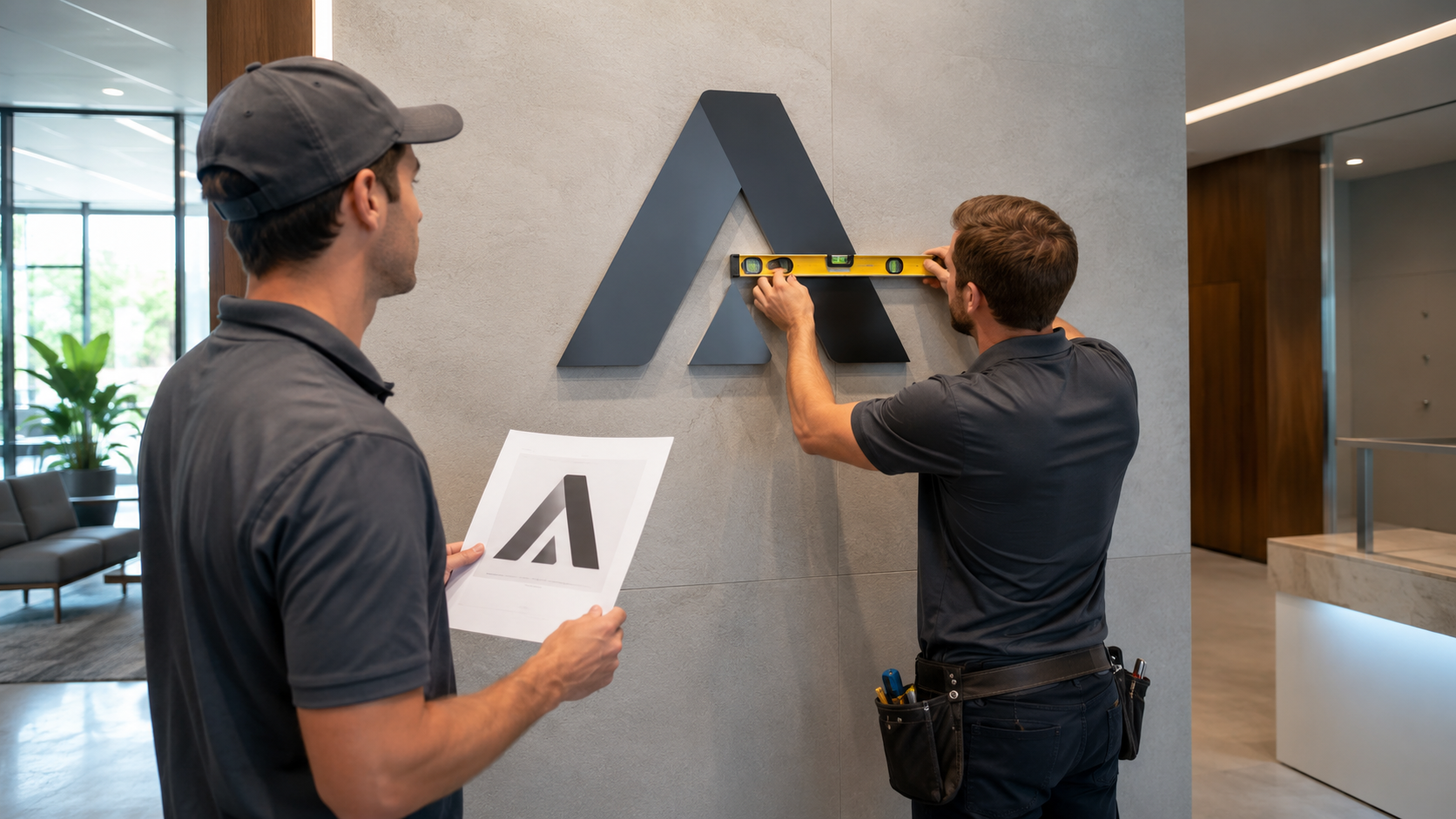Installers mounting 3D logo sign with level